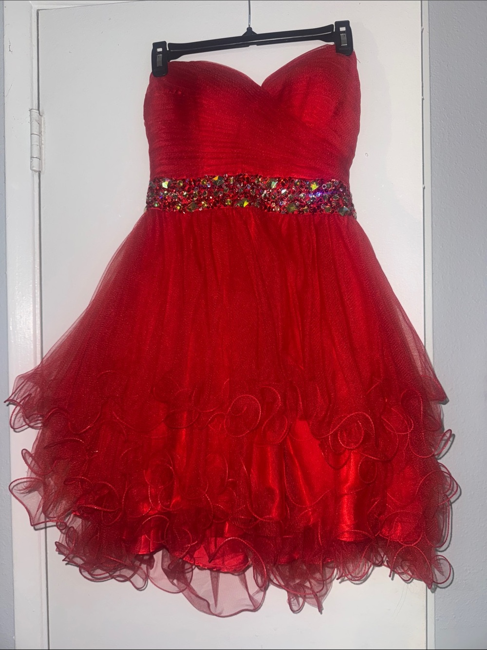 Dancing Queen Red Strapless Party Dress with Jeweled Waistband